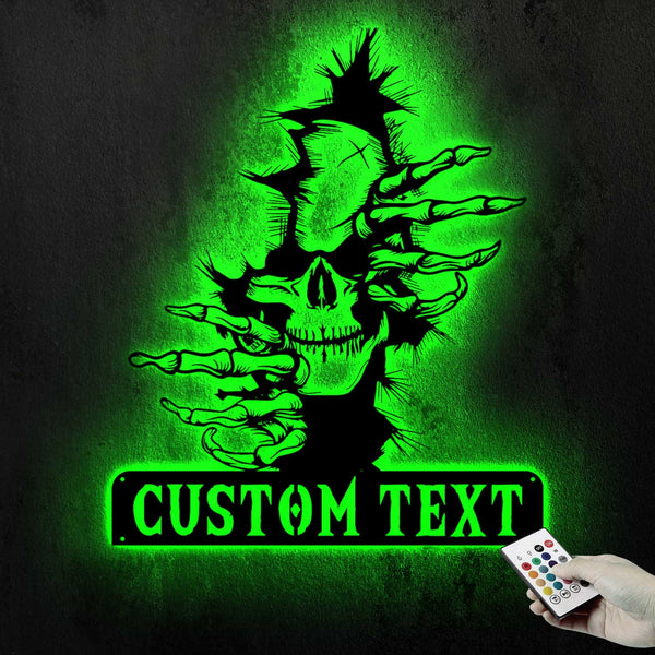 Custom Skull Metal Wall Art With Led Lights, Skull In The Wall Metal Sign Home Decor, Horror Skull Metal Wall Hanging Sign Housewarming Decor