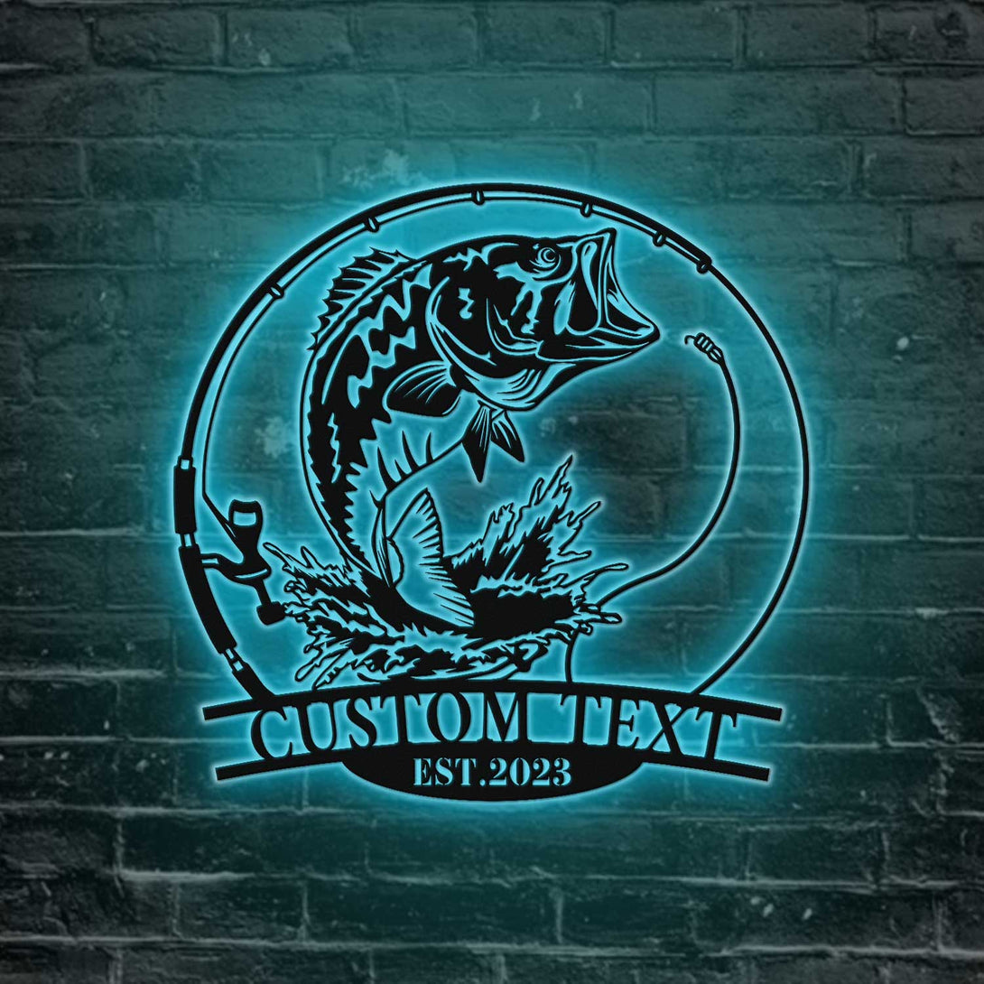 Custom Name Largemouth Bass Fish Metal Wall Art Led Lights, Personalized Fisherman Metal Name Sign, Bass Fishing Outdoor Metal Cabin Sign