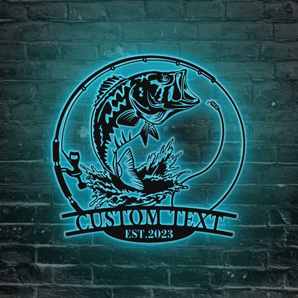 Custom Name Largemouth Bass Fish Metal Wall Art Led Lights, Personalized Fisherman Metal Name Sign, Bass Fishing Outdoor Metal Cabin Sign
