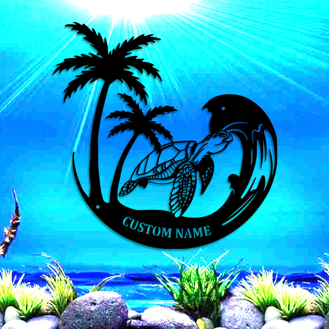 Custom Mandala Sea Turtle Palm Tree Metal Wall Art, Tropical Palm Trees Sea Turtle Metal Sign, Sea Turtle Sign Beach House Metal Decor