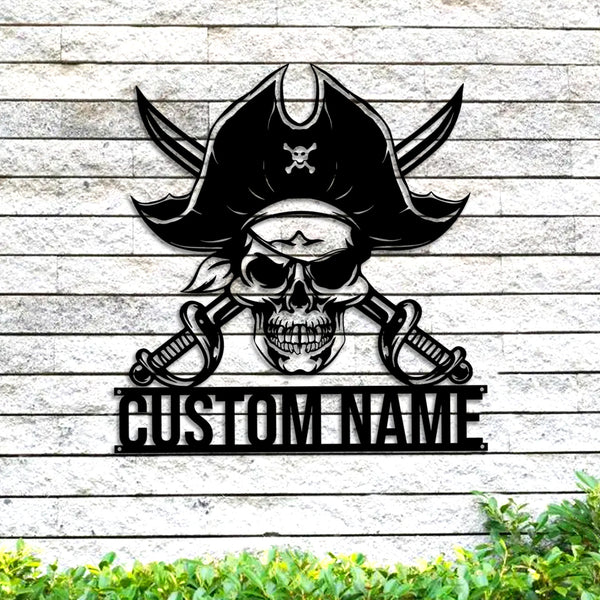 Custom Name Pirate Skull Swords Metal Wall Art, Personalized Pirate Captain Skull Metal Name Sign, Skeleton Piracy Metal Sign Home Decor