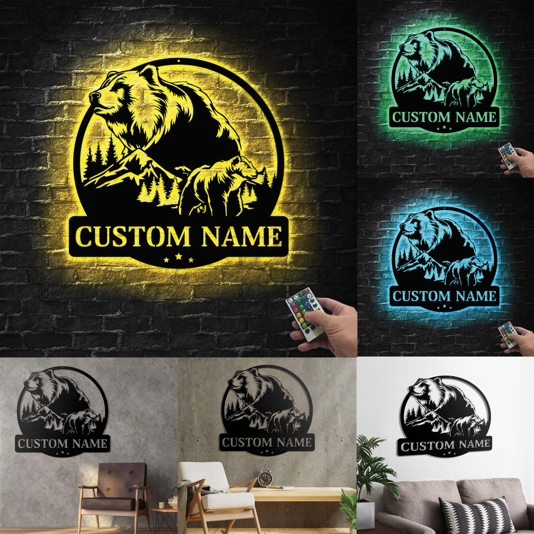 Custom Name Mountain Bear Metal Wall Art Led Lights, Personalized Rustic Bear Metal Cabin Sign, Mountain Grizzly Bear Cabin Lodge Metal Sign Decor