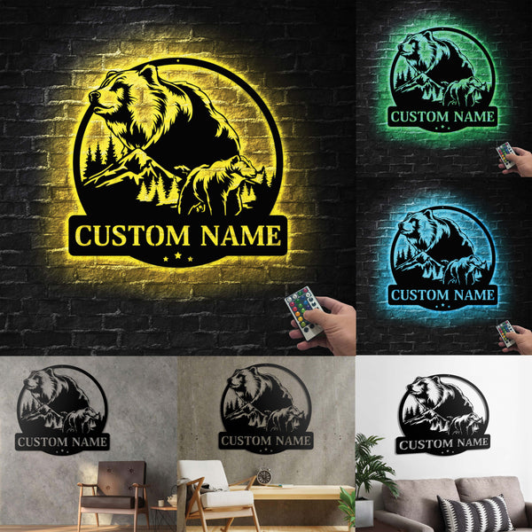 Custom Name Mountain Bear Metal Wall Art Led Lights, Personalized Rustic Bear Metal Cabin Sign, Mountain Grizzly Bear Cabin Lodge Metal Sign Decor
