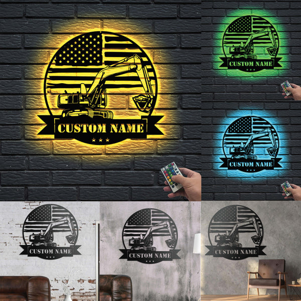 Custom Us Flag Excavator Metal Wall Art Led Lights, Personalized Excavator Driver Metal Name Sign, Excavator Construction Truck Metal Garage Signs
