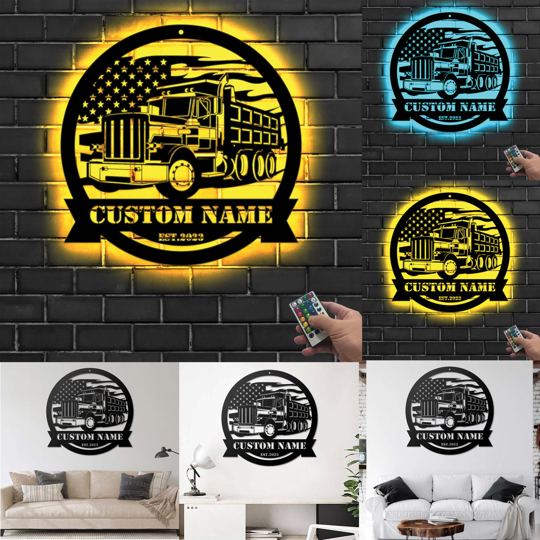 Custom American Drump Truck Metal Wall Art Led Lights, Personalized Trucker Metal Name Sign Home Decor, 18 Wheeler Drump Truck Monogram Metal Sign