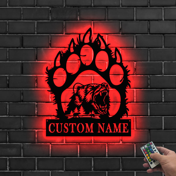 Personalized Roaring Bear Paw Metal Sign Led Lights, Custom Name Grizzly Bear Metal Wall Art, Wildlife Bear Hunting Cabin Metal Wall Sign Decor
