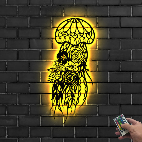 Floral Jellyfish Metal Wall Art With Led Lights, Jellyfish Beach House Metal Sign Decor, Sea Animals Front Porch Jellyfish Metal Led Sign Decor