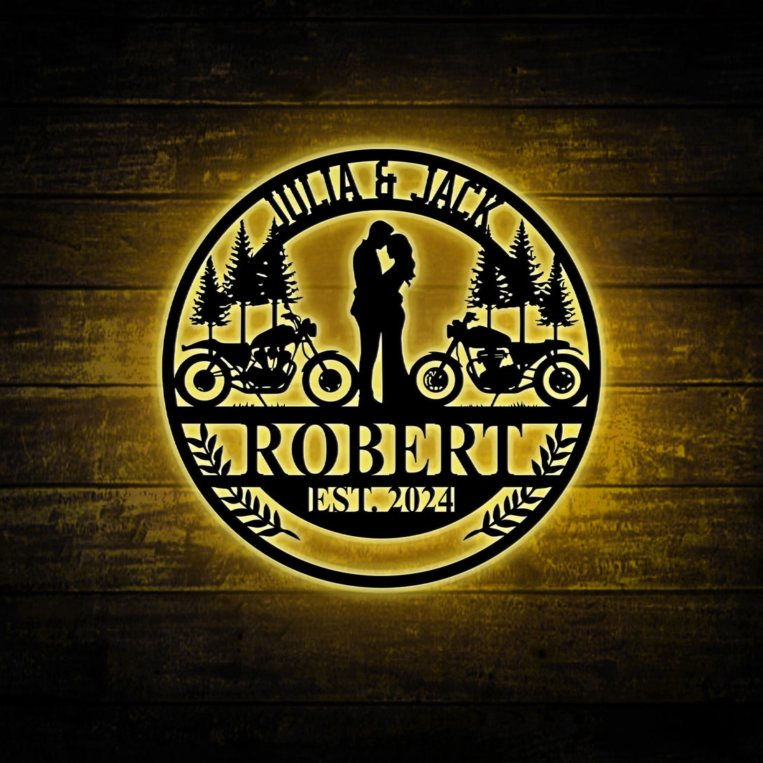 Custom Biker Couple Wedding Metal Wall Art With Led Lights, Motorcycle Wedding Monogram Metal Sign, Biker Couple Anniversary Metal Wall Art