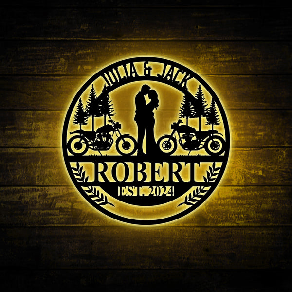 Custom Biker Couple Wedding Metal Wall Art With Led Lights, Motorcycle Wedding Monogram Metal Sign, Biker Couple Anniversary Metal Wall Art