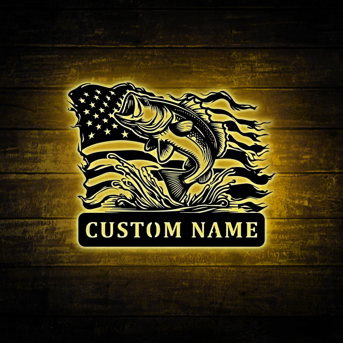 Custom American Flag Bass Fishing Metal Sign Led Lights, Largemouth Bass Fishing Metal Wall Art, Outdoor Bass Fishing Metal Wall Hanging Decor
