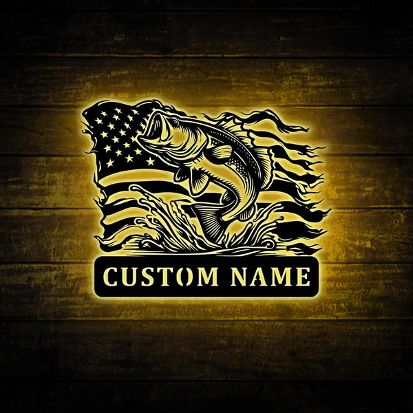 Custom American Flag Bass Fishing Metal Sign Led Lights, Largemouth Bass Fishing Metal Wall Art, Outdoor Bass Fishing Metal Wall Hanging Decor