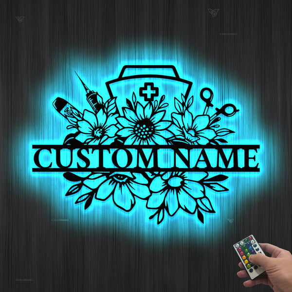 Custom Floral Nurse Medical Tool Metal Wall Art Led Lights, Personalized Rn Nurse Doctor Metal Name Sign, Floral Mom Nurse Metal Sign Art