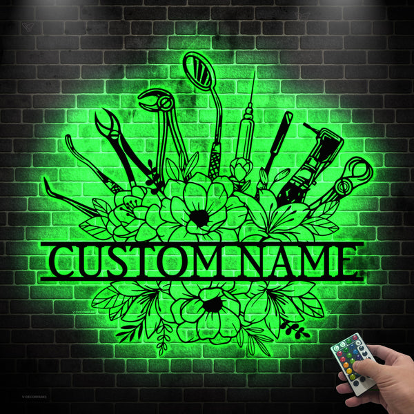 Custom Floral Dental Tools Metal Wall Art Led Lights, Personalized Dentist Metal Name Sign, Dentist Office Metal Wall Hanging Decor