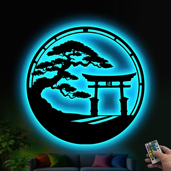 Japanese Torii Gate Bonsai Tree Metal Wall Art Led Lights, Shinto Shrine Led Metal Sign Wall Art Decor, Japanese Inspired Torii Gate Metal Sign