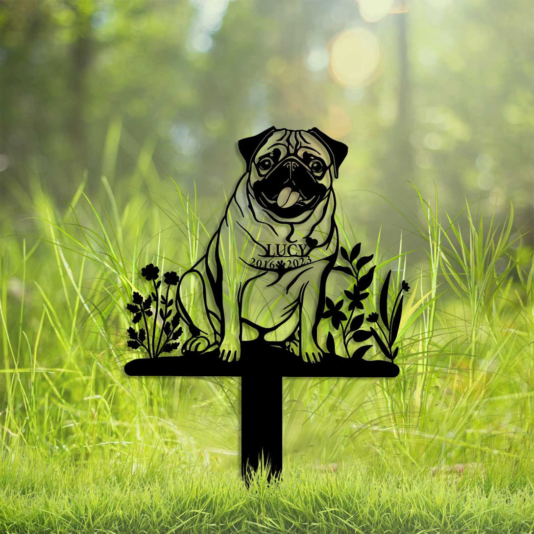 Personalized Pug Dog With Flowers Memorial Stake, Custom Pug Dog Memorial Stake Garden Decor, Dog Metal Grave Marker, Dog Loss Remembrance Sign