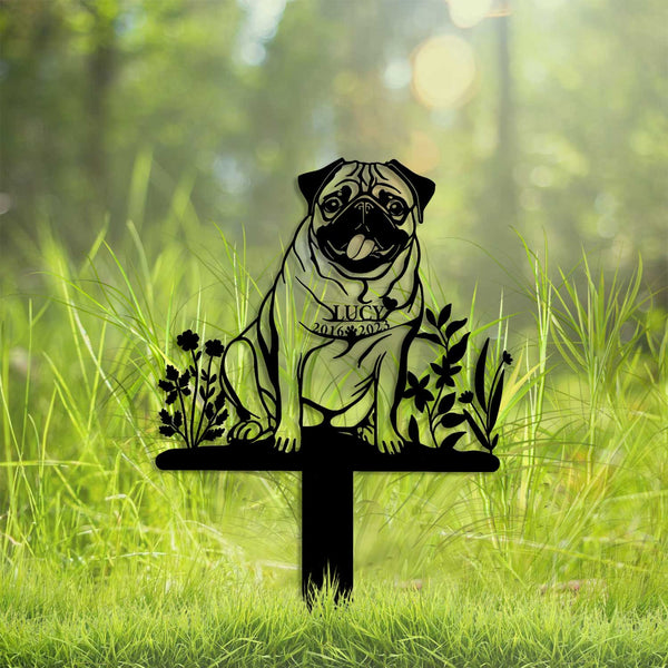 Personalized Pug Dog With Flowers Memorial Stake, Custom Pug Dog Memorial Stake Garden Decor, Dog Metal Grave Marker, Dog Loss Remembrance Sign