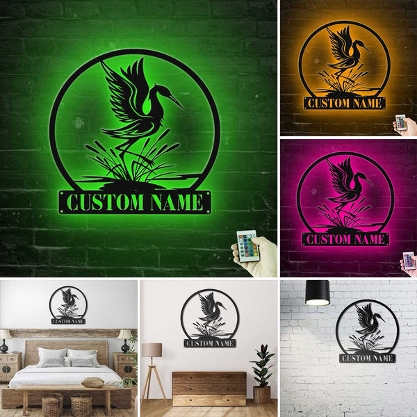 Custom Name Heron Bird Metal Wall Art Led Lights, Personalized Heron Cattail Pond Metal Sign Home Decor, Heron Bird Metal Wall Hanging Decor