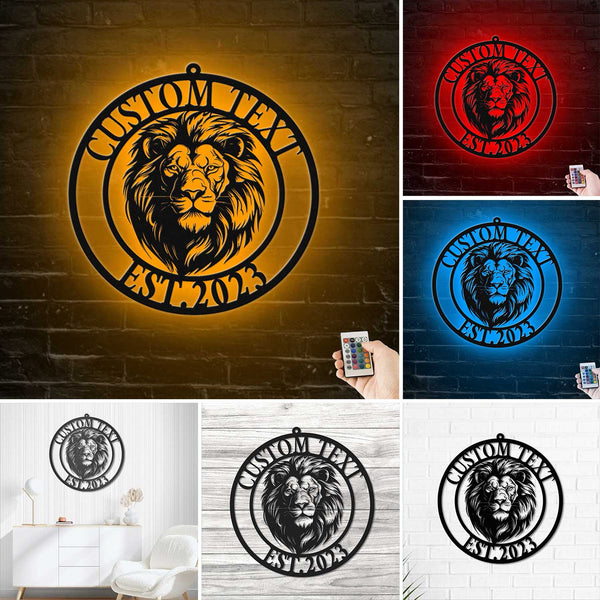 Custom Lion Head Metal Wall Art With Led Lights, Personalized Lion Metal Name Sign, Lion Head Monogram Metal Wall Hanging Home Decor
