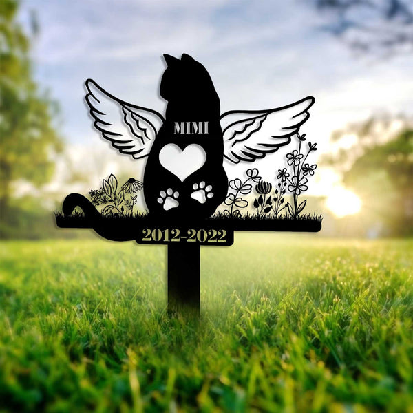 Personalized Angel Wings Cat Memorial Garden Stake, Flowers Cat With Wings Metal Yard Sign, Loss Of Cat Grave Marker, Pet Sympathy Outdoor Decor