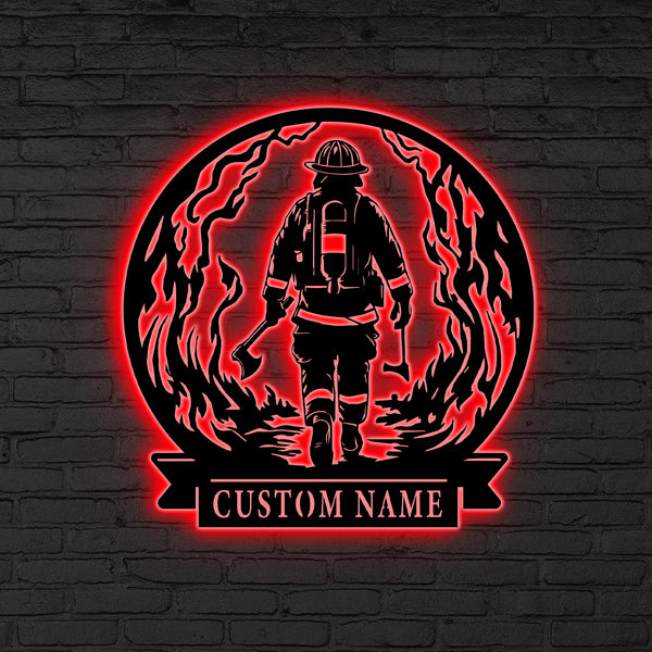 Personalized Firefighter Metal Sign Art Led Lights, Custom Name Fireman Fire Department Metal Sign, First Responder Metal Wall Hanging Decor