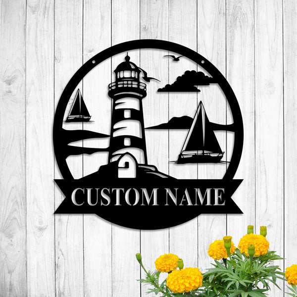 Personalized Name Lighthouse Metal Sign, Custom Lighthouse Monogram Metal Wall Art, Lighthouse Beach House Metal Wall Decor, Housewarming Gift