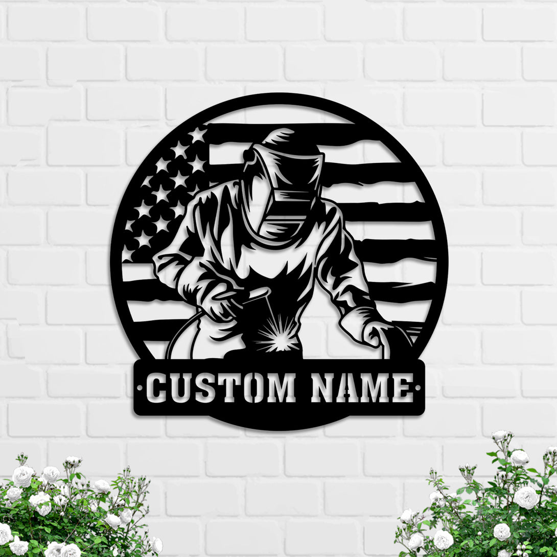 Personalized Us Flag Welder Metal Sign, Custom Us Ironworker Welding Metal Name Sign, Welder Metal Sign For Father's Day Gift