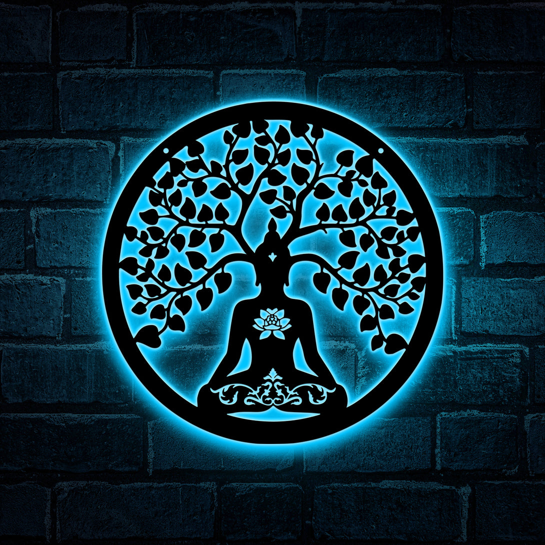 Meditation Tree Of Life Metal Sign With Led Lights, Tree Of Life Meditation Buddha Metal Wall Art, Meditation Yoga Studio Zen House Metal Wall Decor