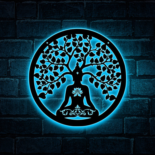 Meditation Tree Of Life Metal Sign With Led Lights, Tree Of Life Meditation Buddha Metal Wall Art, Meditation Yoga Studio Zen House Metal Wall Decor