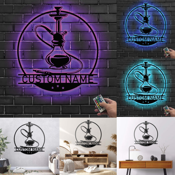 Custom Shisha Hookah Metal Wall Art With Led Lights, Personalized Shisha Smoke Shop Metal Name Sign, Hookah Bar Mancave Metal Wal Hanging Sign