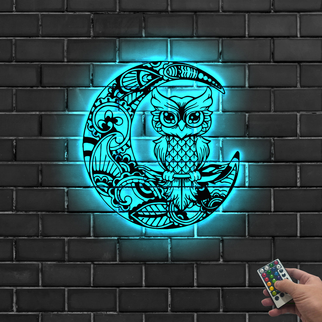 Owl With Mandala Moon Metal Sign With Led Lights, Owl On Crescent Moon Metal Wall Art, Owl Metal Housewarming Sign, Owl Lover Metal Art