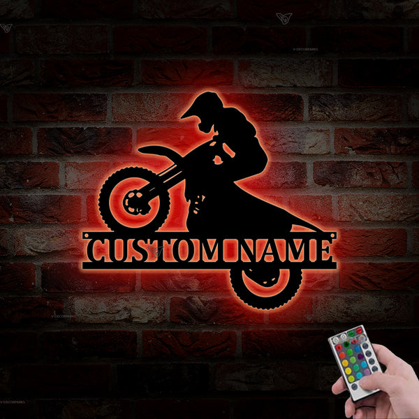 Custom Name Dirt Bike Metal Sign With Led Lights, Motocross Biker Metal Wall Art, Personalized Motorcycle Dirt Bike Metal Wall Hanging Home Decor