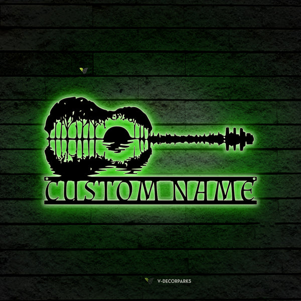 Custom Name Guitar Sunset Scene Metal Wall Art With Led Lights, Abstract Guitar Metal Sign Home Decor, Custom Sunset Guitar Sign Living Room Decor