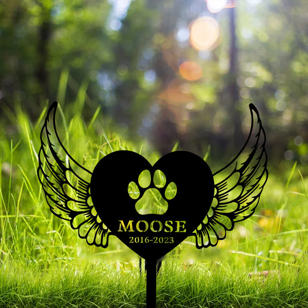 Custom Heart With Angel Wings Pet Memorial Stake, Heart With Paw Memorial Plaque With Stake, Pet Metal Grave Marker, Pet Memorial Yard Sign