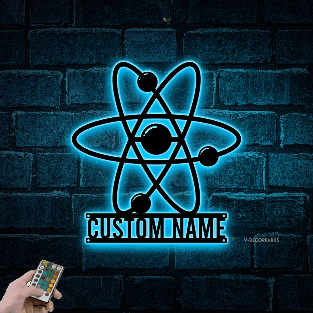Custom Name Scientific Atom Symbol Metal Wall Art Led Lights, Atom Physics Metal Wall Sign Decor, Science Physics Teacher Metal Name Sign