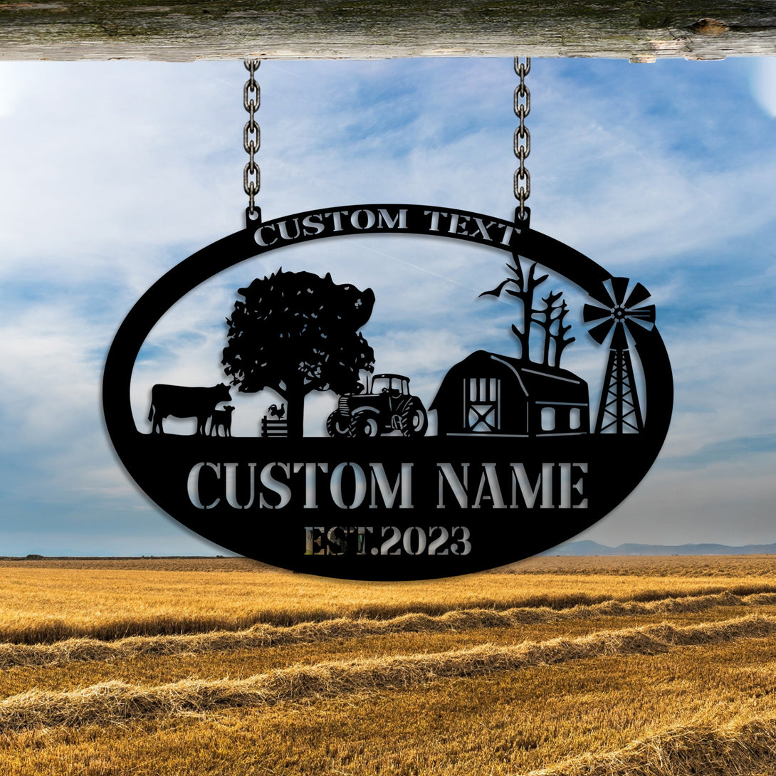 Custom Name Farmhouse Metal Sign, Personalized Farm Animals Metal Wall Art, Windmill Farm Metal Entrance Sign, Farm Barn Metal Decor