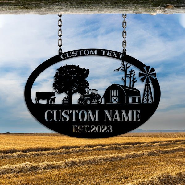 Custom Name Farmhouse Metal Sign, Personalized Farm Animals Metal Wall Art, Windmill Farm Metal Entrance Sign, Farm Barn Metal Decor