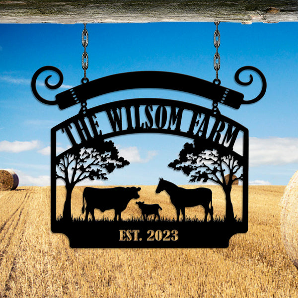 Custom Cattle Farm Metal Name Sign, Personalized Farm Animals Metal Wall Art, Horse Cow Farm Sign Metal Entrance Sign, Farm Ranch Metal Art