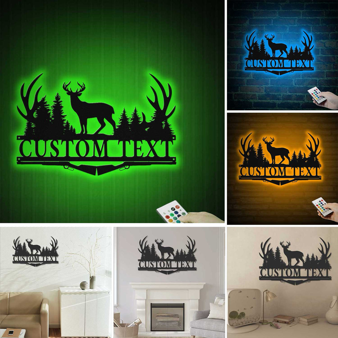 Custom Buck Antler Split Monogram Metal Wall Art Led Lights, Deer Hunting Camp Metal Decor, Personalized Name Deer Hunter Metal Cabin Sign
