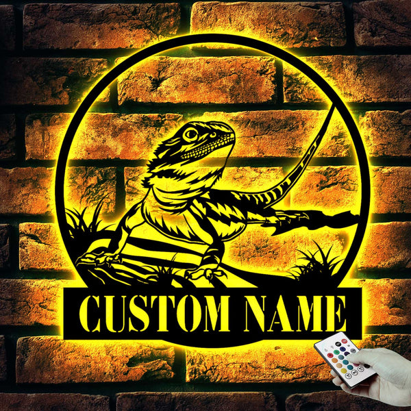 Custom Bearded Dragon Metal Wall Art Led Lights, Personalized Lizard Lover Metal Name Sign Home Decor, Bearded Dragon Metal Wall Hanging Sign