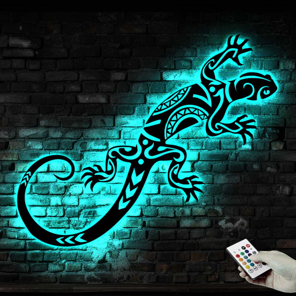 Polynesian Tattoo Lizard Metal Wall Art With Led Lights, Ledge Lizard Metal Sign Home Decor, Tribal Pattern Lizard Metal Wall Hanging Decor