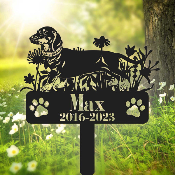 Custom Dachshund Memorial Stake Garden Sign, Dog Metal Grave Markers Sign, Dachshund Dog With Flowers Metal Stake, Pet Loss Remembrance Stake