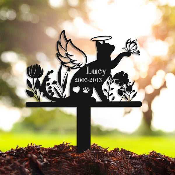 Custom Floral Angel Wings Cat With Butterfly Memorial Stake, Flowers Cat Memorial Metal Yard Sign, Pet Remembrance Sign, Cat Metal Grave Marker