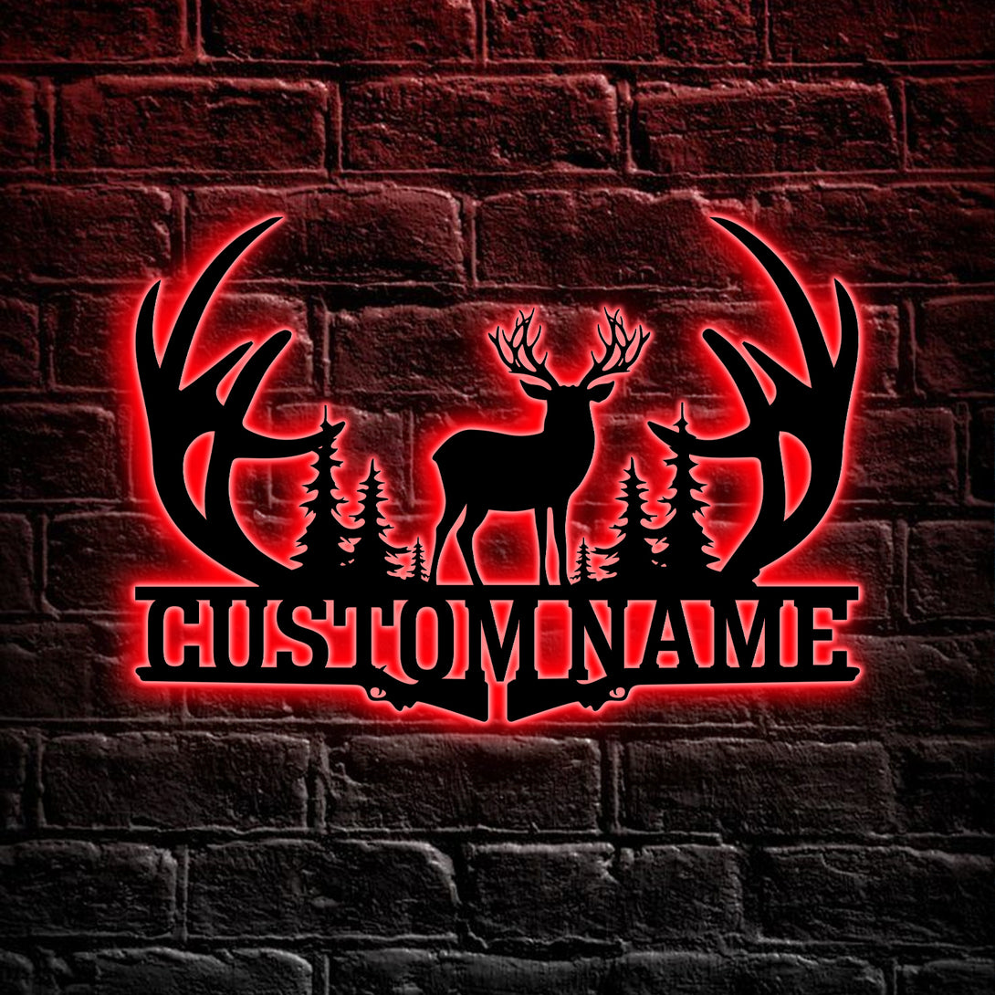 Custom Forest Deer Hunting Metal Sign Led Lights, Buck Antler Monogram Metal Wall Hangings, Personalized Name Deer Hunter Metal Cabin Signs
