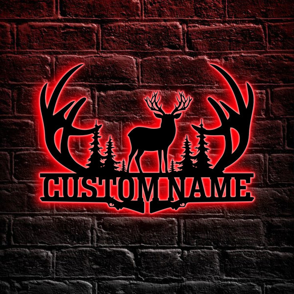 Custom Forest Deer Hunting Metal Sign Led Lights, Buck Antler Monogram Metal Wall Hangings, Personalized Name Deer Hunter Metal Cabin Signs