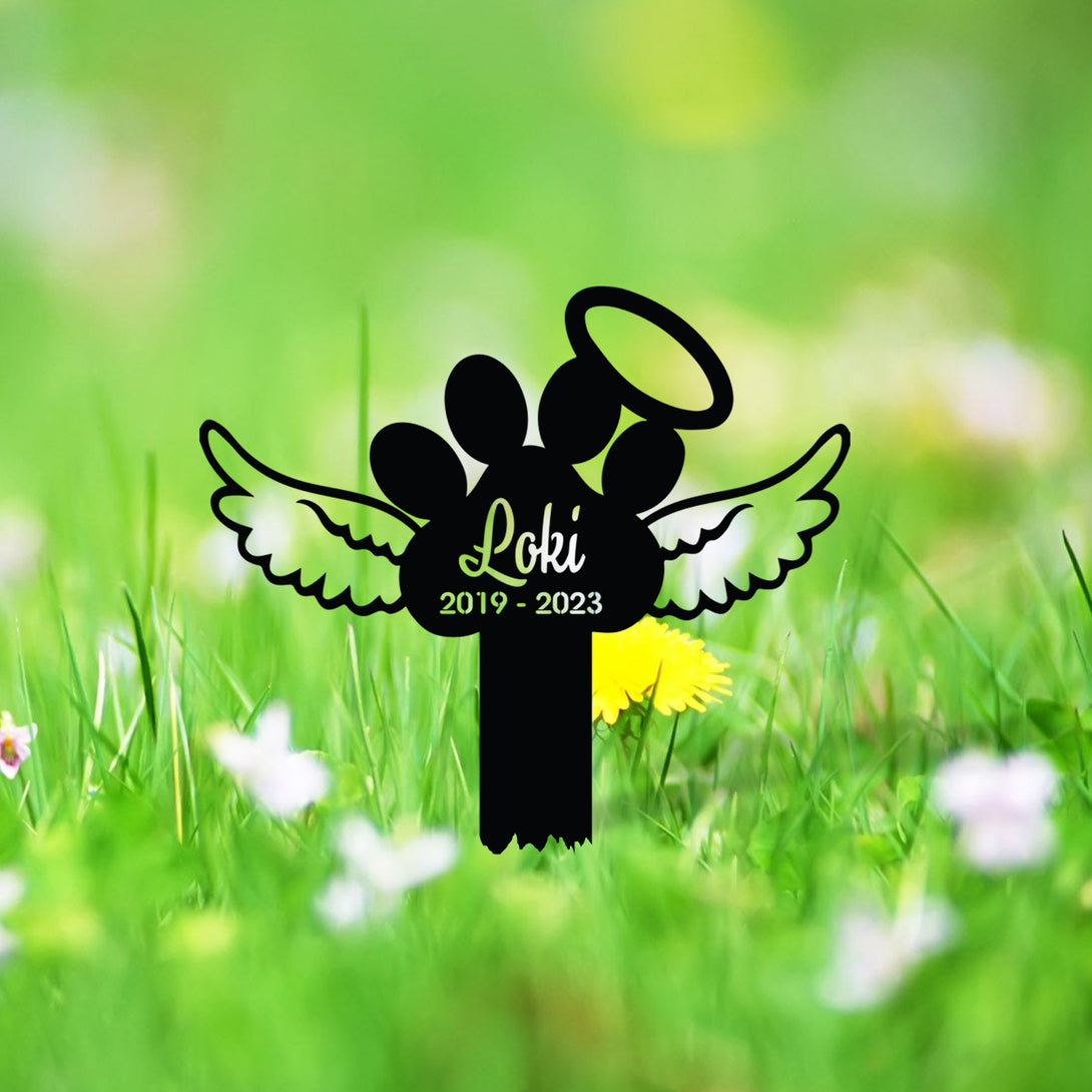 Custom Dog Paw With Wings Memorial Metal Stake, Personalized Dog Memorial Metal Garden Stake, Pet Loss Metal Grave Markers, Remembrance Stake