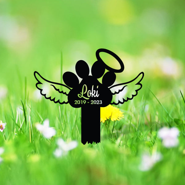 Custom Dog Paw With Wings Memorial Metal Stake, Personalized Dog Memorial Metal Garden Stake, Pet Loss Metal Grave Markers, Remembrance Stake