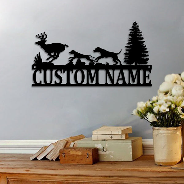 Custom Hound Deer Hunting Metal Wall Art, Personalized Wild Deer Hunter Metal Name Sign, Dog Hound Hunting Sign Mancave Decor, Hunting Deer Sign