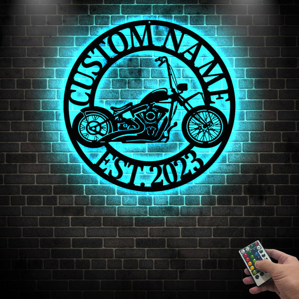 Custom Name Motorcycle Metal Sign With Led Lights, Personalized Motorbike Metal Wall Art, Motorcycle Monogram Metal Sign Garage Man Cave Decor