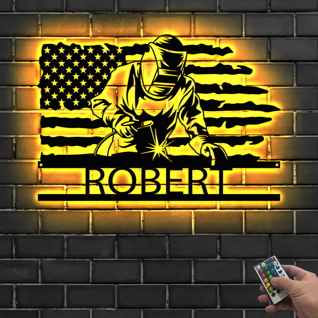 Custom American Flag Welder Metal Sign With Led Lights, Us Flag Welding Metal Wall Art, Personalized Construction Welder Metal Name Sign