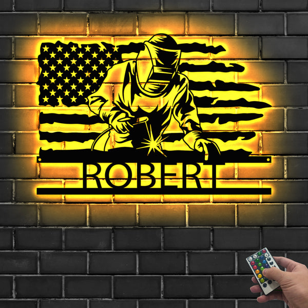 Custom American Flag Welder Metal Sign With Led Lights, Us Flag Welding Metal Wall Art, Personalized Construction Welder Metal Name Sign